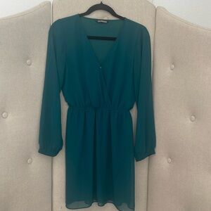 Express Green Long Sleeve V Neck Elastic Waist Faux Wrap Dress XS